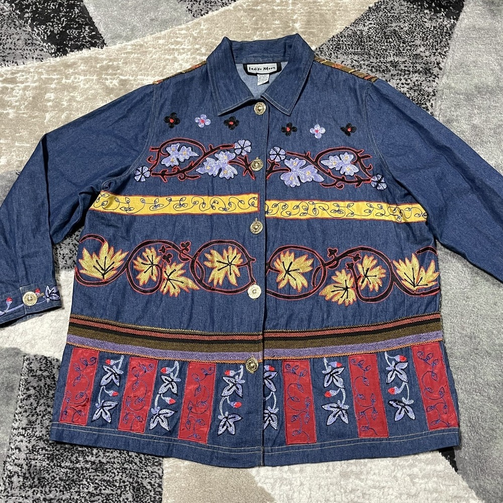 Indigo Moon‎ Jacket Women 1X Blue Denim Art Deco Floral Embroidered Button BOHO
